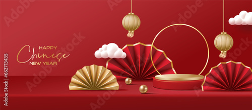 Chinese new year banner for product demonstration. Red pedestal or podium with folding fans, cloud and lanterns on red background.