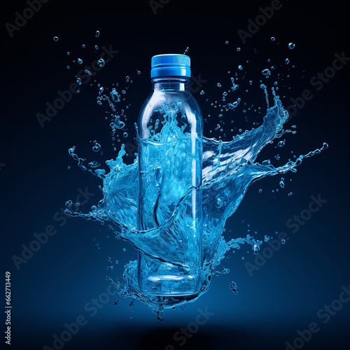 splash of clean water splashing from a bottle on a dark blue background