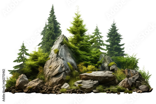Cutout rock or stone surrounded by fir trees isolated on a transparent background , Decoration garden design photo