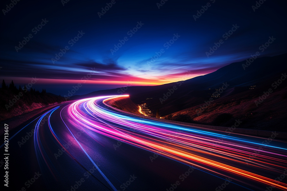 Mesmerizing beauty of light trails created through a long exposure shot on a winding road. Ai generated Mesmerizing beauty of light trails created through a long exposure shot on a winding road. Ai generated