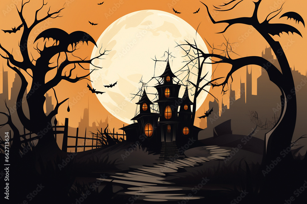 Creepy autumn night landscape with a scary house and a path leading to it against the backdrop of the full moon