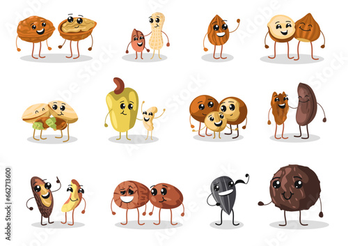 Nuts mascot. Cartoon cashew walnut almond pieces, cute healthy snack nut characters, organic food nutrition concept. Vector set