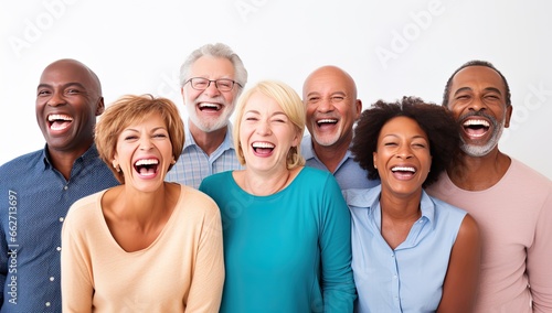 A group of joyful people of different races and ages happily laughing on a white background. Concept of advertising dentist and healthy teeth. photo
