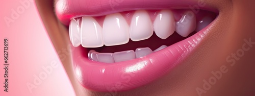 Female lips and teeth on a pink background. Concept of advertising dentist and healthy teeth.