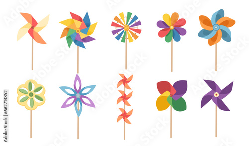 Set of colorful pinwheel simple hand toy with wind fan vector illustration isolated on white background