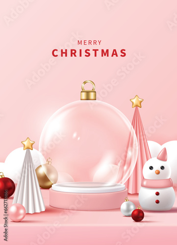 Christmas poster for product demonstration. Pink pedestal or podium with bauble, snowman and Christmas trees on pink background.
