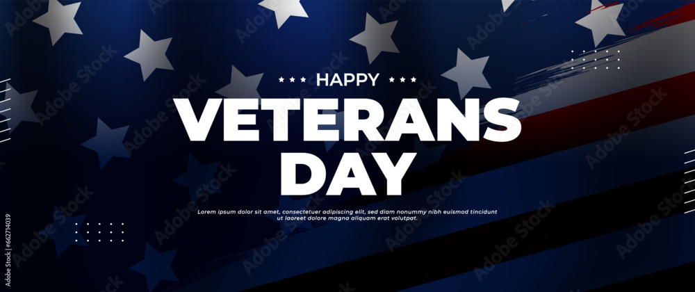 blue happy veterans day banner with american flag elements - obrazy, fototapety, plakaty 
