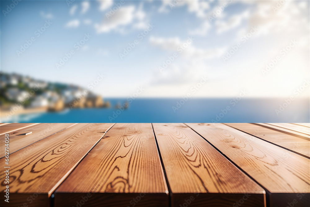 In an outdoor photo session, the perspective is directed towards a wooden table, prepared for showcasing a product. Generated Ai In an outdoor photo session, the perspective is directed towards a wooden table, prepared for showcasing a product. Generated Ai