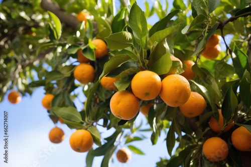an orange tree with ripe oranges hanging from its branches