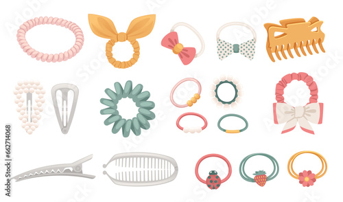 Set of hair pins and scrunchy hair accessory vector illustration isolated on white background