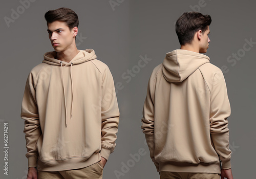 Front and back view of a beige hoodie mockup for design print photo