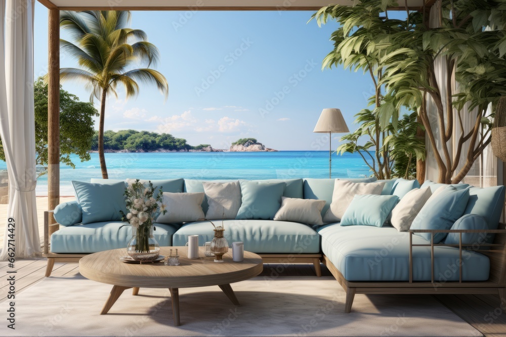 Naklejka premium Coastal minimal apartment with a beachfront view, light blue accents, and a relaxed seaside atmosphere, Generative AI