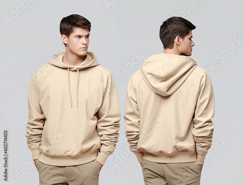 Front and back view of a beige hoodie mockup for design print