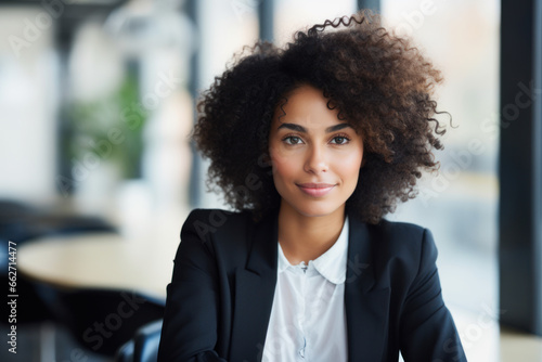 Portrait of beautiful young dealer with afro hairstyle in office