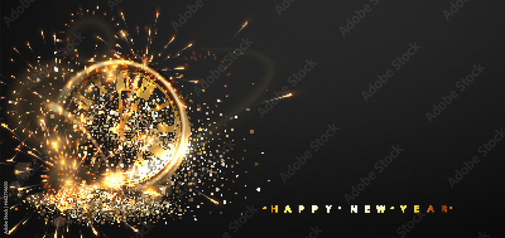 New Year countdown clock and fireworks on glittering midnight sky with blur and bokeh. Happy new and Merry Christmas, banner, poster. Holiday vector illustration. - obrazy, fototapety, plakaty 