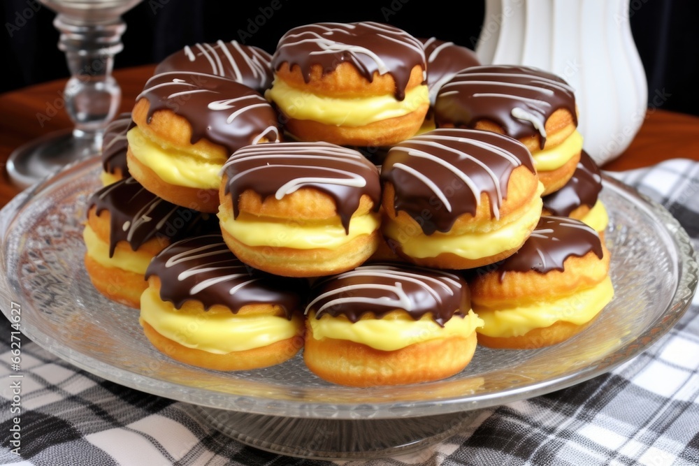 boston cream donuts displayed attractively on a clear serving plate
