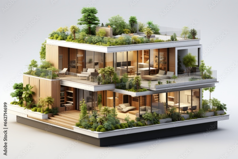 Eco-friendly minimal apartment with sustainable materials, energy-efficient appliances, and a green rooftop garden, Generative AI