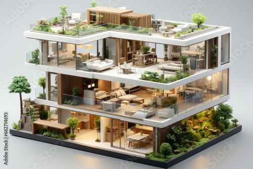 Eco-friendly minimal apartment with sustainable materials, energy-efficient appliances, and a green rooftop garden, Generative AI