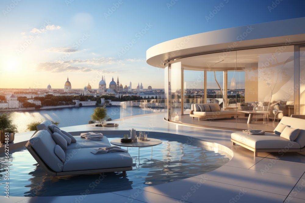 Luxury minimalist hotel penthouse suite with a private terrace, infinity pool, and panoramic city views, Generative AI