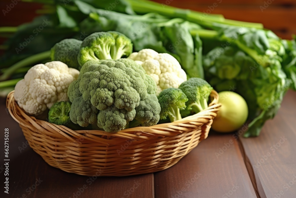 Fototapeta premium fresh broccoli and cauliflower florets in a basket