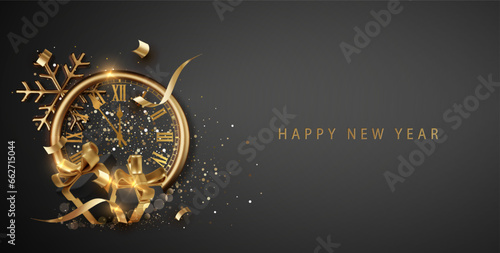 New Year clock. Holiday greeting card Christmas poster, xmas night celebrate time countdown vector illustration.