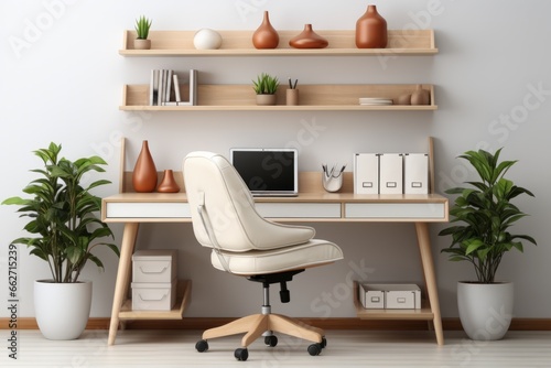  Minimal apartment with a minimalist workspace, sleek desk, and ergonomic chair for remote work, Generative AI