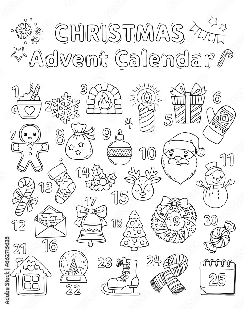 Xmas coloring advent calendar. Hand drawn vector poster with different Christmas symbols