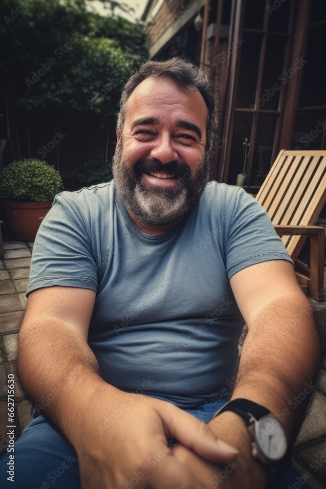 Hombre robusto con barba haciéndose un selfie en vacaciones. Hombre robusto con barba haciéndose un selfie en vacaciones.