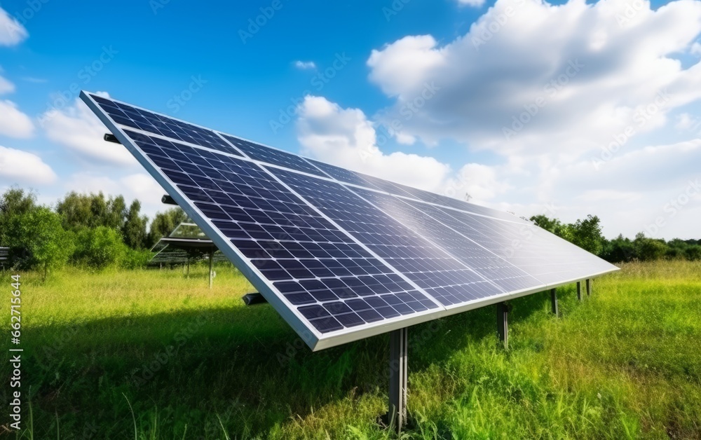 Placas solares en campo fotovoltaico en el sur de europa.  - obrazy, fototapety, plakaty 