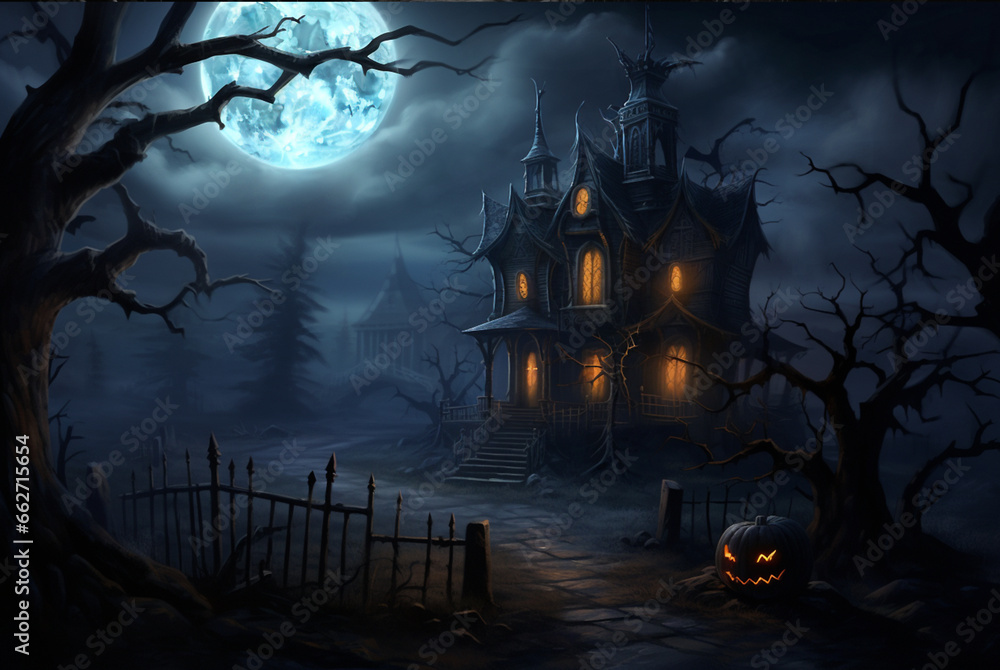 Mystical gloomy night landscape with a scary house, the moon and gnarled trees, flooded with moonlight, AI generated