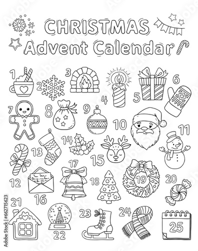 Xmas coloring advent calendar. Hand drawn vector poster with different Christmas symbols