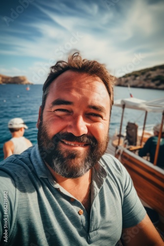 Hombre robusto con barba haciéndose un selfie en vacaciones. 
