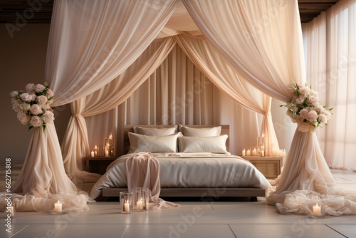 Minimalist hotel suite with a four-poster bed, elegant drapes, and a romantic atmosphere created by soft lighting, Generative AI
