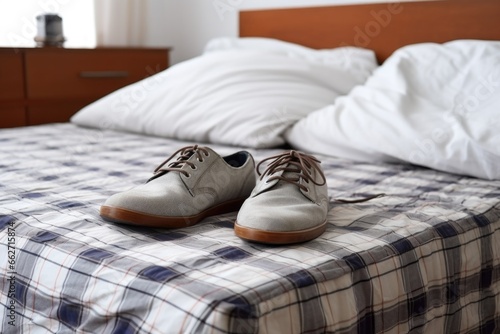 a pair of small empty shoes beside a clean, well-kept bed