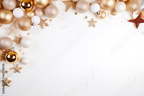 white background with Christmas decorations arranged along the border with room for text. © W&S Stock