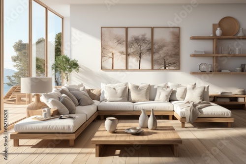 Scandinavian-inspired minimal apartment with light wood accents, neutral colors, and cozy textiles, Generative AI