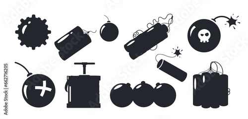 Bomb silhouette. Black explosive dynamite and grenade icons, military and civil danger symbols. Vector isolated collection