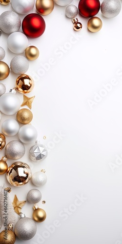 white background with Christmas decorations arranged along the border with room for text.