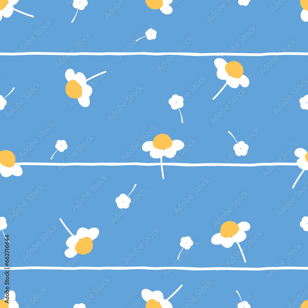 Seamless pattern with daisy flower on stripe blue background vector illustration.