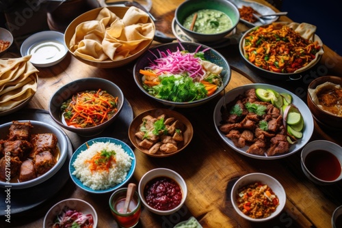 table filled with international street food dishes