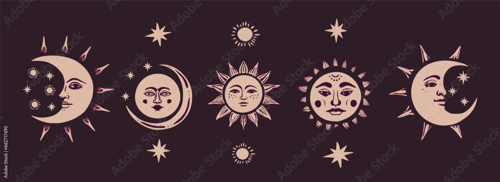 Sun, crescent, moon faces isolated on a dark background. Vector boho illustration. Sun, crescent, moon faces isolated on a dark background. Vector boho illustration.
