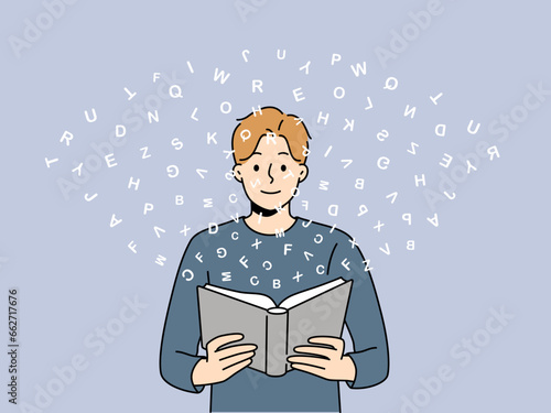 Polyglot man reads book with dictionary and learns new language standing among flying latin letters. Polyglot guy enjoys reading foreign literature to develop horizons or prepare for exam.