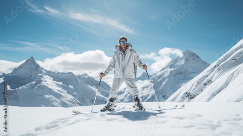 Model in a skiing stance, emphasizing leg muscles and balance, set against snowy mountains