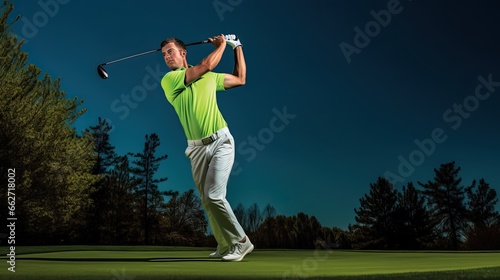 Model showcasing a golfer's swing stance, emphasizing form and technique, set on a golf course