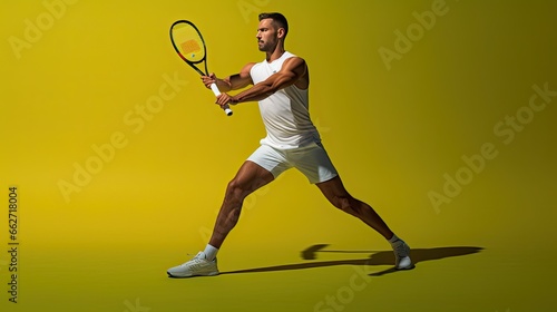 Model showcasing a tennis serve stance, emphasizing shoulder and arm muscles, set on a tennis court © Filip