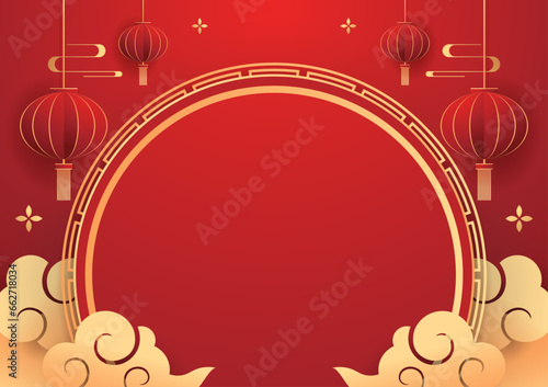 Happy Chinese new year 2024. Chinese new year banner with circle for show product. Greeting card. China frame with lantern on red background.