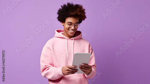 young african descendant dressed in purple checking tablet on purple background