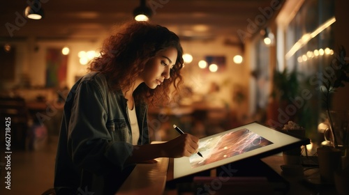 Graphic designer at work with tablet. Girl artist drawing. Beautiful freelance woman. AI Generated photo