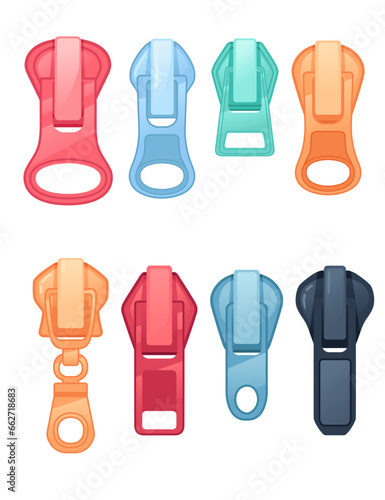 Collection of colored steel zipper puller vector illustration isolated on white background photo