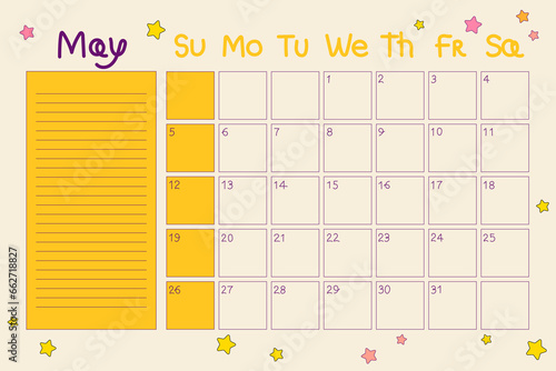Calendar 2024 May. Spring planner with dates and notes in doodle style. Cartoon design in 80s retro hippie style. Vector illustration with editable stroke. Cute planner with decor